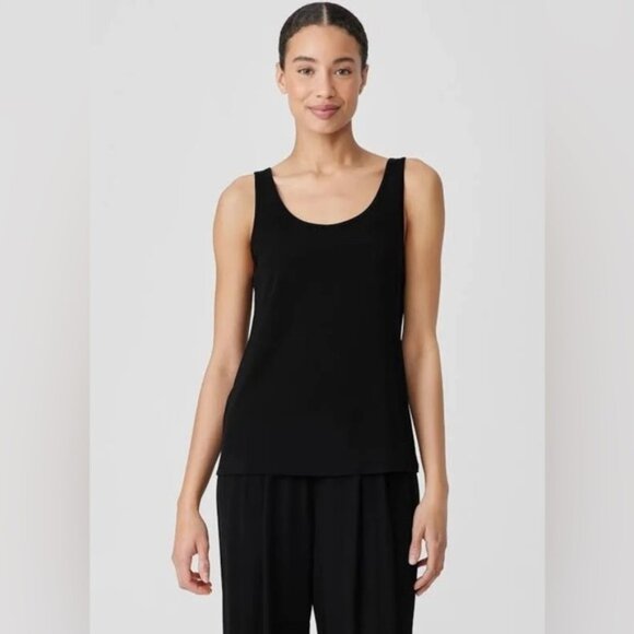 Eileen Fisher Black Stretch Silk Jersey Scoop Neck Tank, size XS - Picture 1 of 8